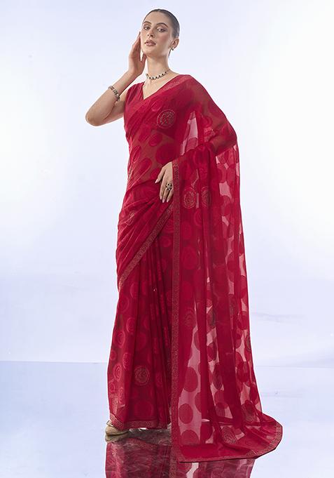 Red Sequin Embellished Brasso Saree Set