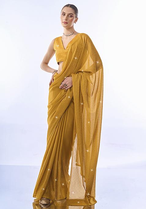 Mustard Bead Stone Embellished Chiffon Saree Set