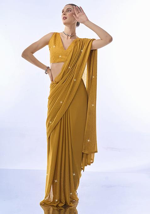 Mustard Bead Stone Embellished Chiffon Saree Set