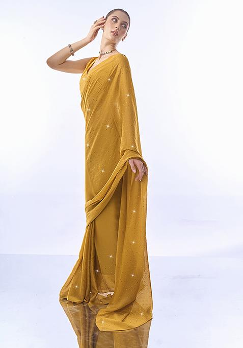 Mustard Bead Stone Embellished Chiffon Saree Set