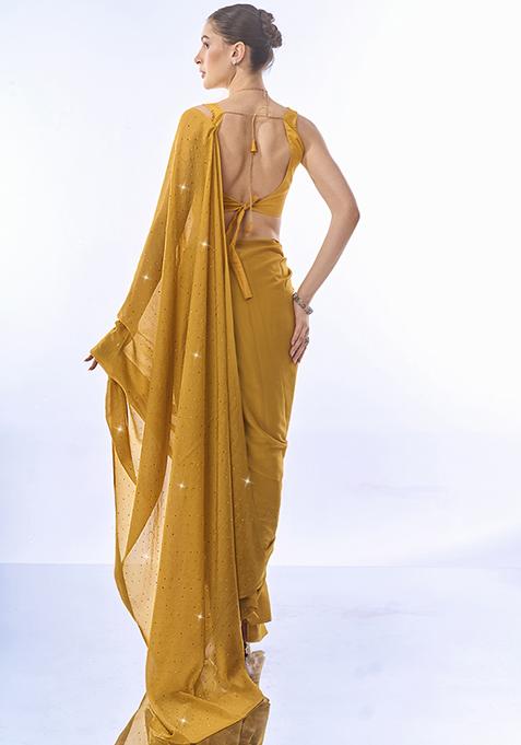 Mustard Bead Stone Embellished Chiffon Saree Set