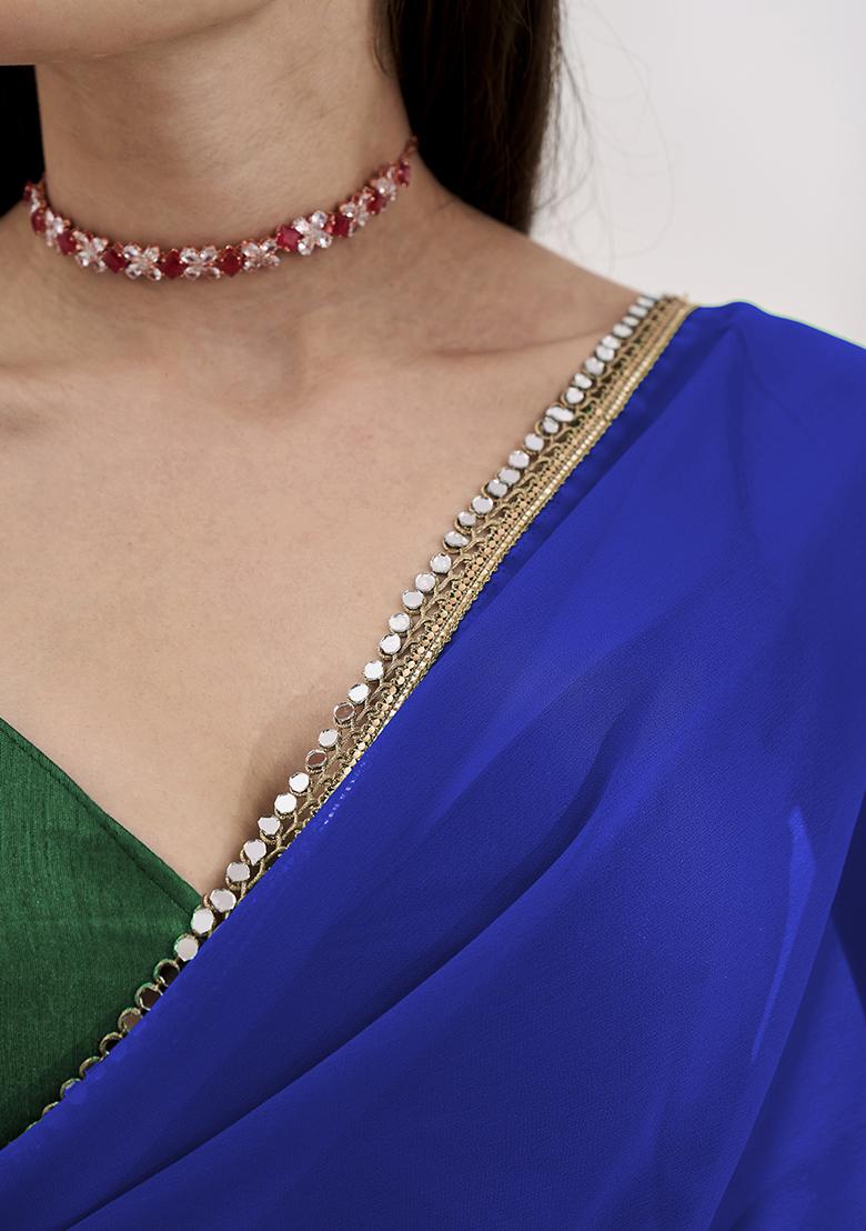 Navy Blue And Green Mirror Work Georgette Saree Set