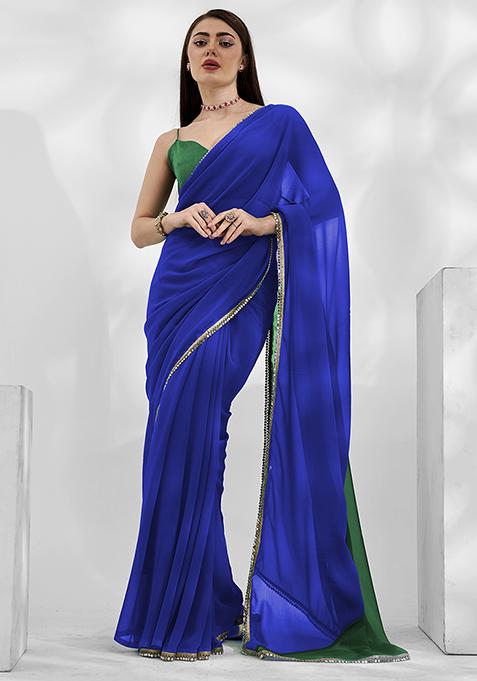 Navy Blue And Green Mirror Work Georgette Saree Set