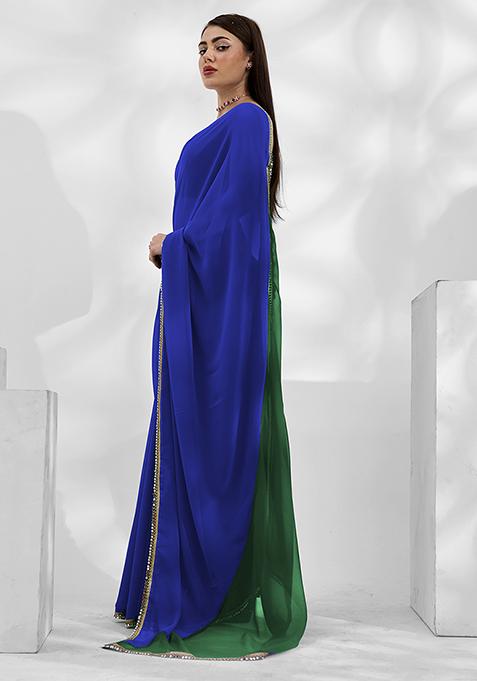 Navy Blue And Green Mirror Work Georgette Saree Set