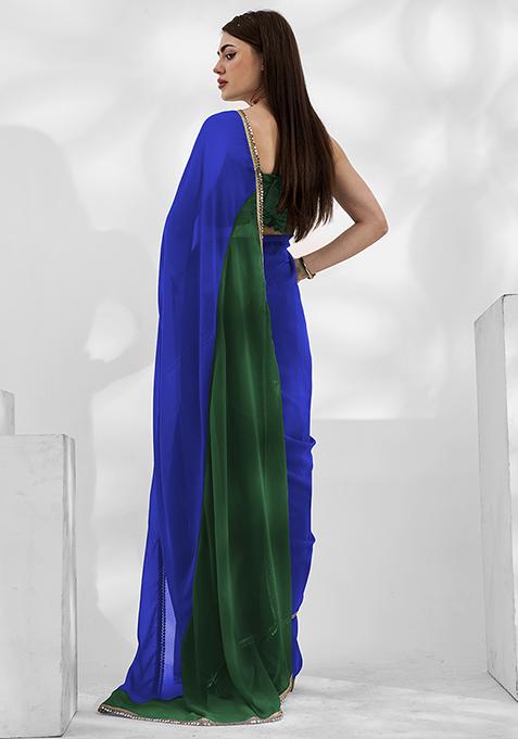 Navy Blue And Green Mirror Work Georgette Saree Set