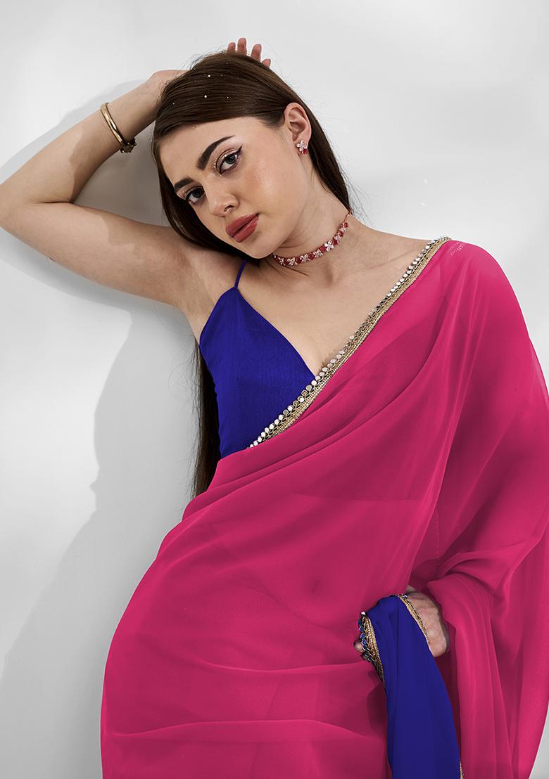 Navy Blue And Pink Mirror Work Georgette Saree Set