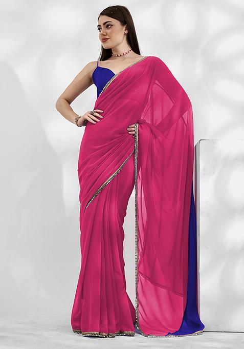 Navy Blue And Pink Mirror Work Georgette Saree Set