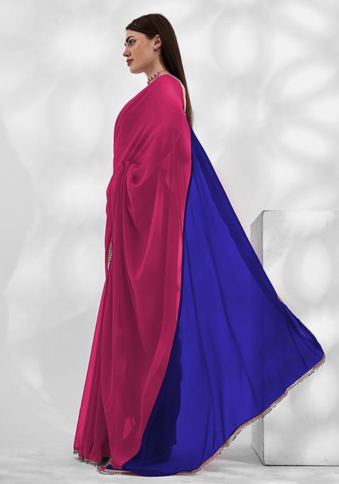 Navy Blue And Pink Mirror Work Georgette Saree Set