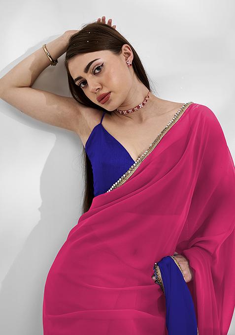 Navy Blue And Pink Mirror Work Georgette Saree Set
