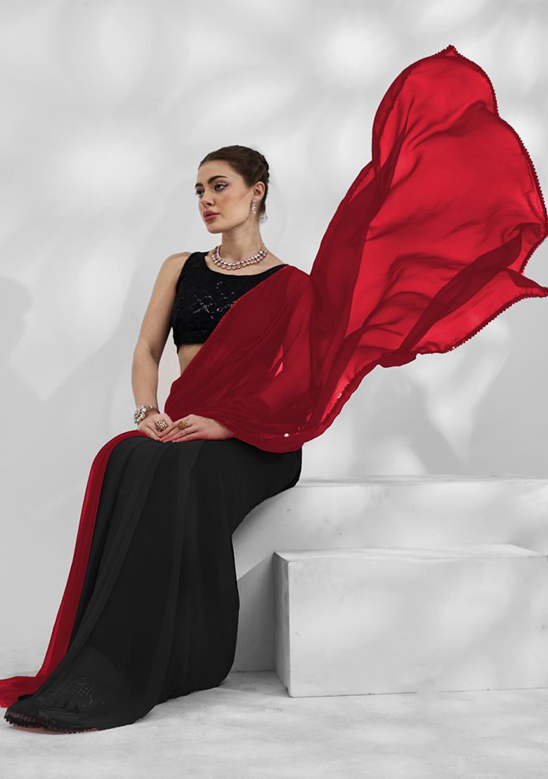 Black And Red Mirror Work Georgette Saree Set