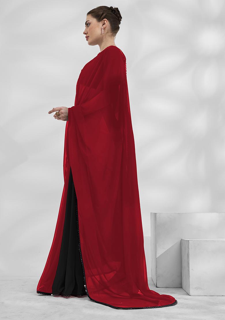 Black And Red Mirror Work Georgette Saree Set