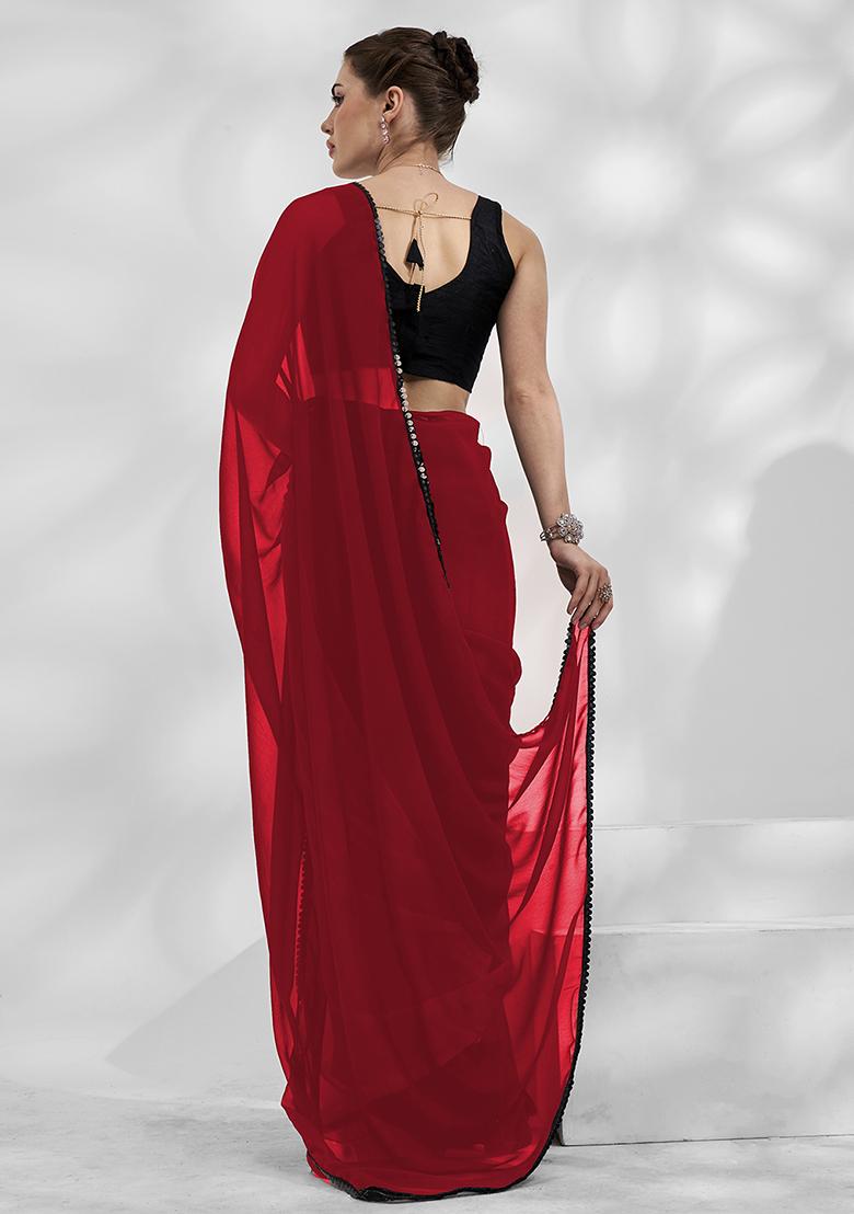 Black And Red Mirror Work Georgette Saree Set