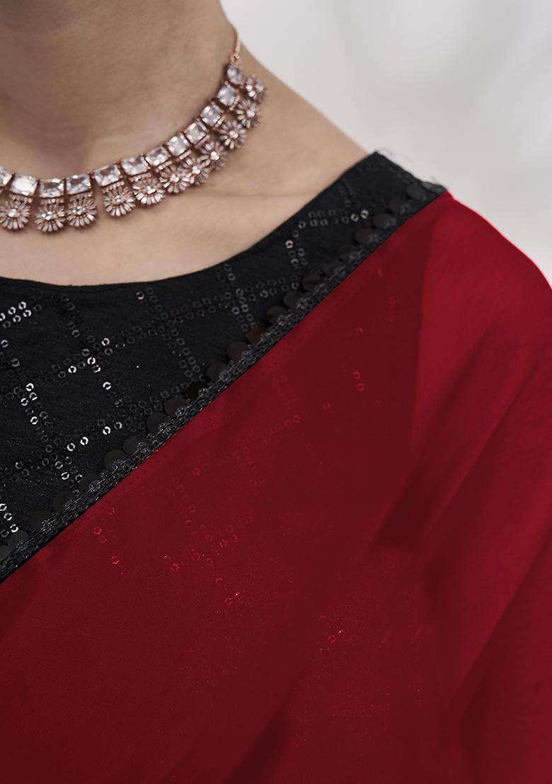 Black And Red Mirror Work Georgette Saree Set