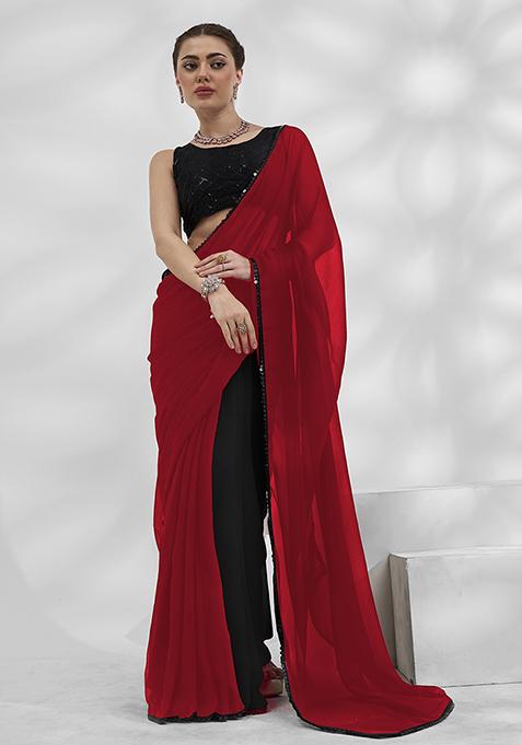 Black And Red Mirror Work Georgette Saree Set