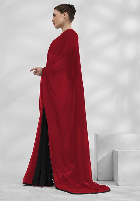 Black And Red Mirror Work Georgette Saree Set