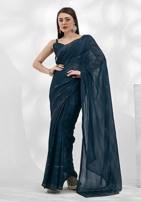 Teal Bead Embellished Pure Chiffon Saree Set