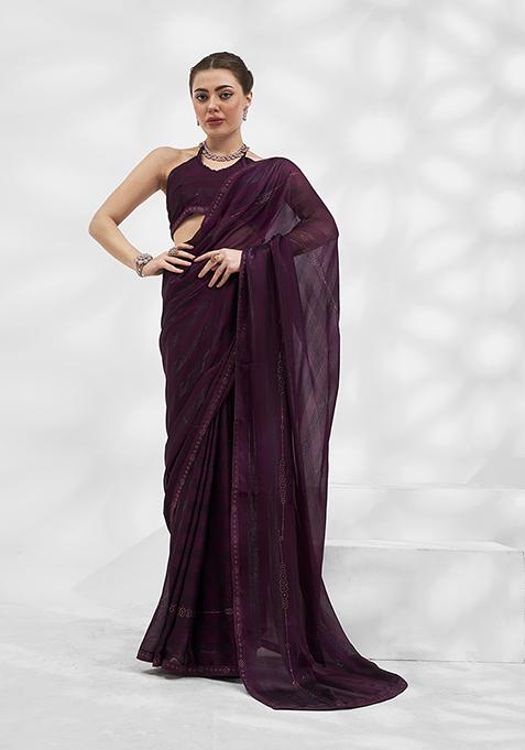 Burgundy Bead Stone Embellished Pure Chiffon Saree Set