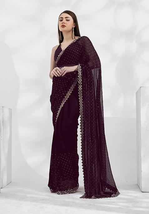 Burgundy Bead Embellished Pure Chiffon Saree Set