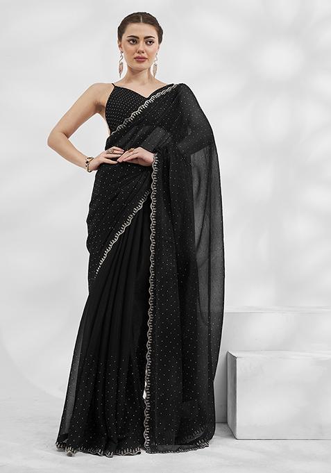 Black Bead Embellished Pure Chiffon Saree Set