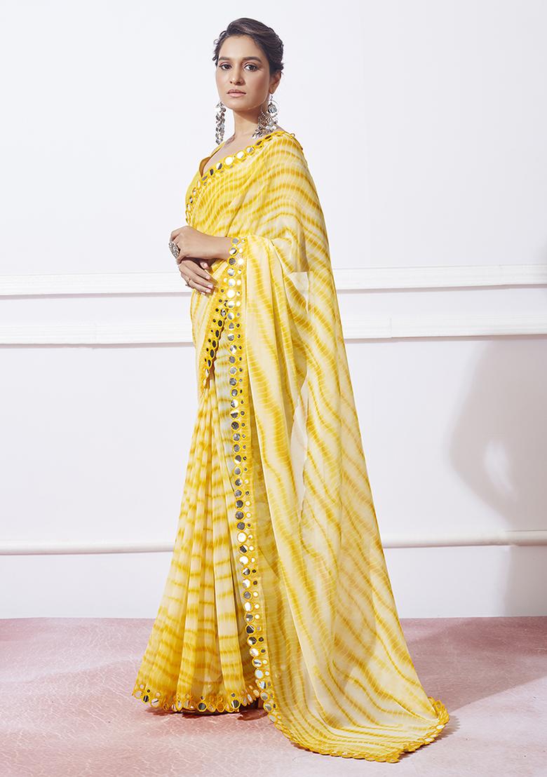 Lime Yellow Mirror Work Georgette Saree Set