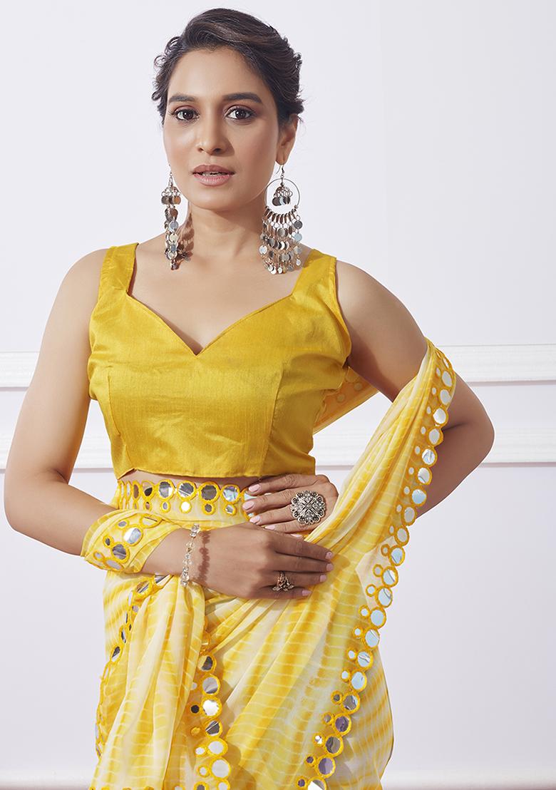 Lime Yellow Mirror Work Georgette Saree Set