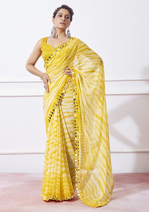 Lime Yellow Mirror Work Georgette Saree Set