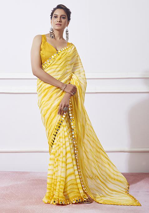 Lime Yellow Mirror Work Georgette Saree Set