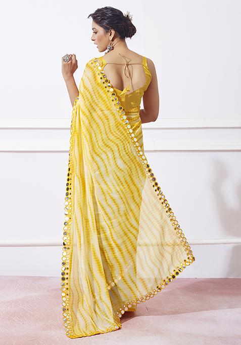 Lime Yellow Mirror Work Georgette Saree Set