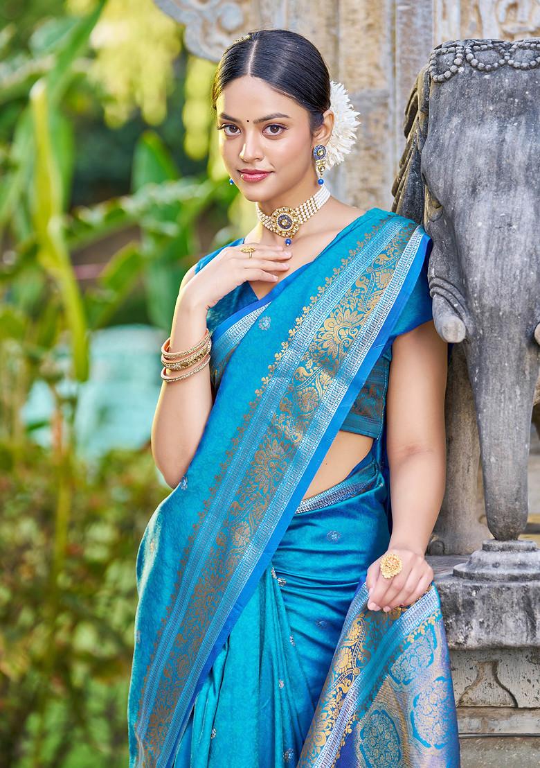 Firozi Zari Woven Banarasi Silk Blend Saree Set