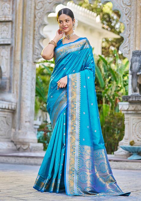 Firozi Zari Woven Banarasi Silk Blend Saree Set