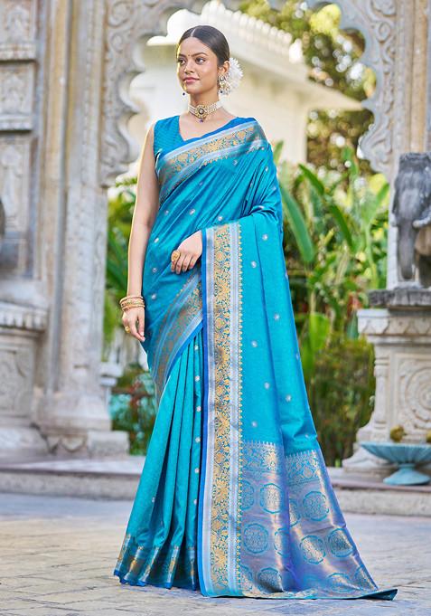 Firozi Zari Woven Banarasi Silk Blend Saree Set