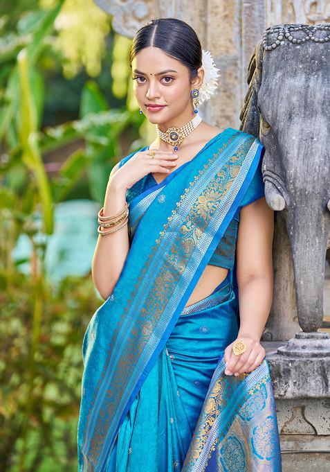 Firozi Zari Woven Banarasi Silk Blend Saree Set