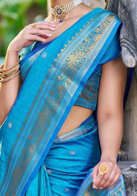 Firozi Zari Woven Banarasi Silk Blend Saree Set