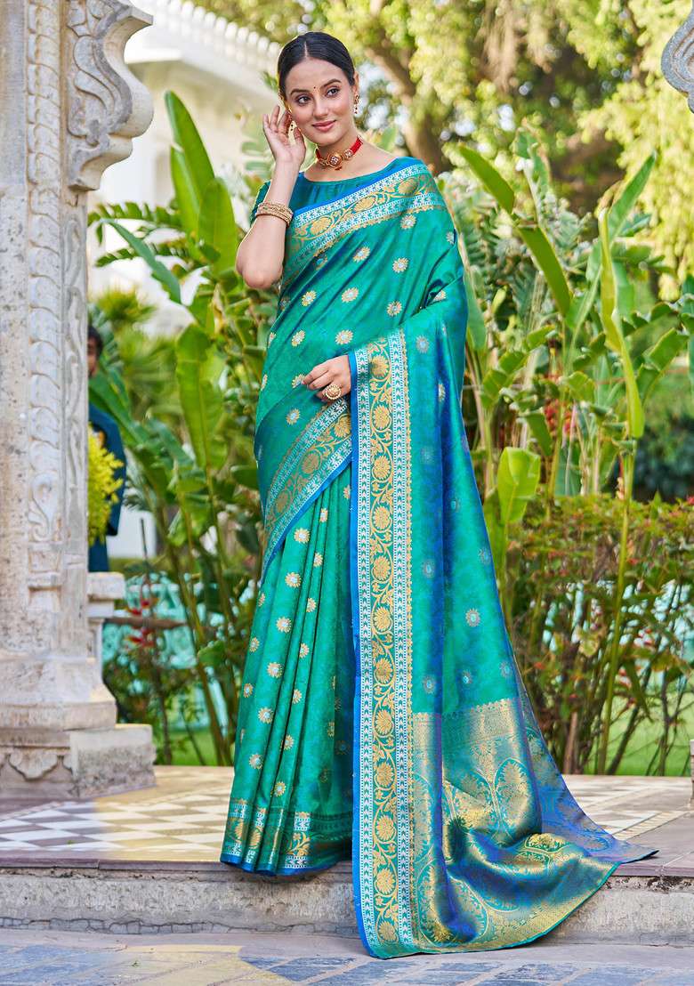Green Zari Woven Banarasi Silk Blend Saree Set for Diwali and Festive Wear - Indya