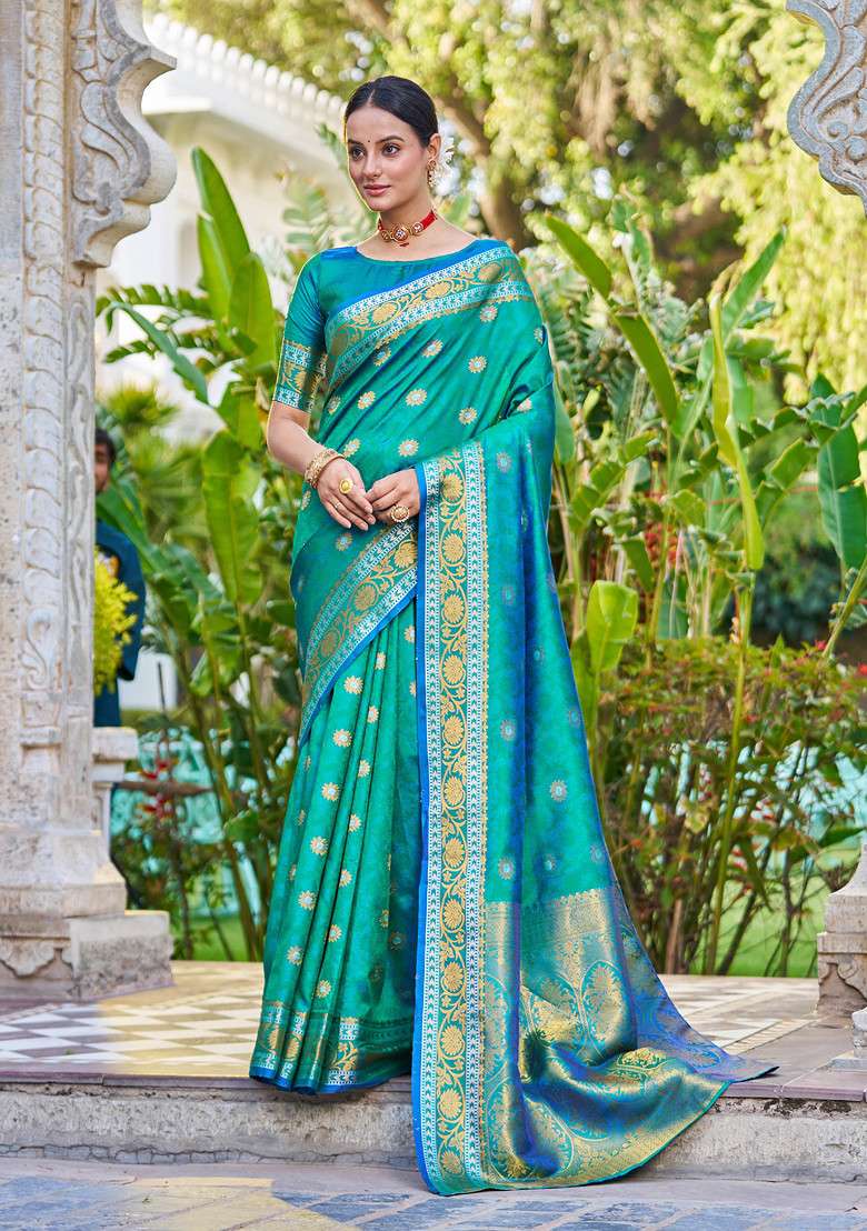 Green Zari Woven Banarasi Silk Blend Saree Set for Diwali and Festive Wear - Indya