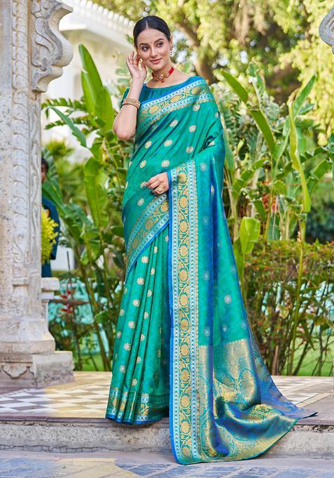 Green Zari Woven Banarasi Silk Blend Saree Set