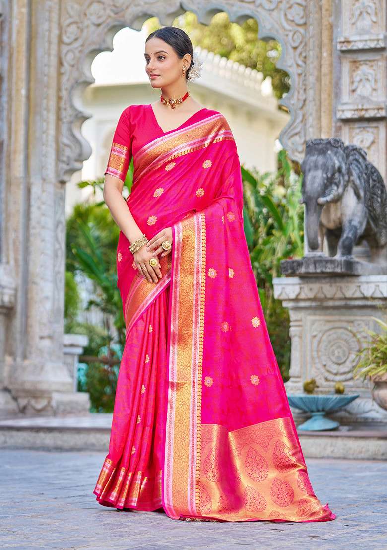 Pink Zari Woven Banarasi Silk Blend Saree Set for Diwali and Festive Wear - Indya