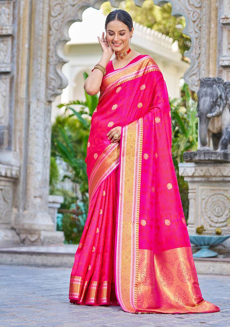 Pink Zari Woven Banarasi Silk Blend Saree Set for Diwali and Festive Wear - Indya