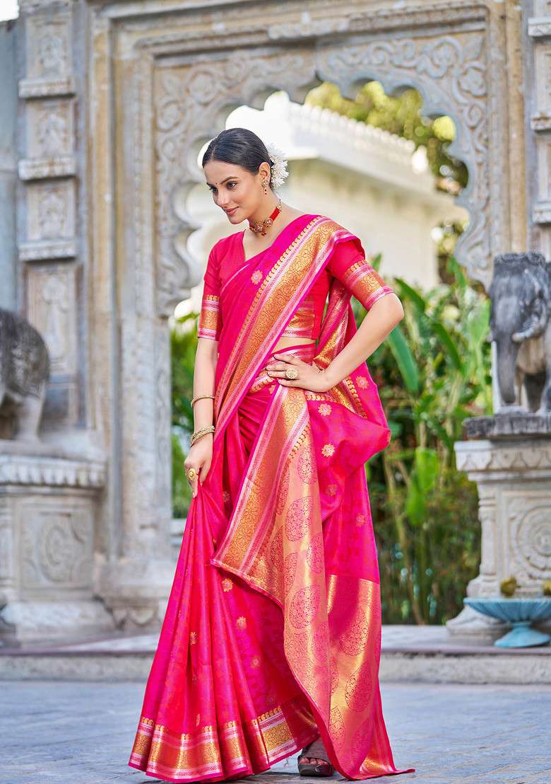 Pink Zari Woven Banarasi Silk Blend Saree Set for Diwali and Festive Wear - Indya