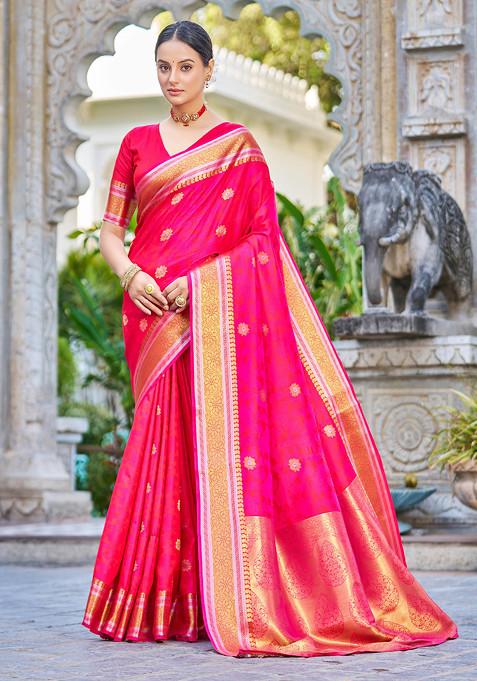 Pink Zari Woven Banarasi Silk Blend Saree Set