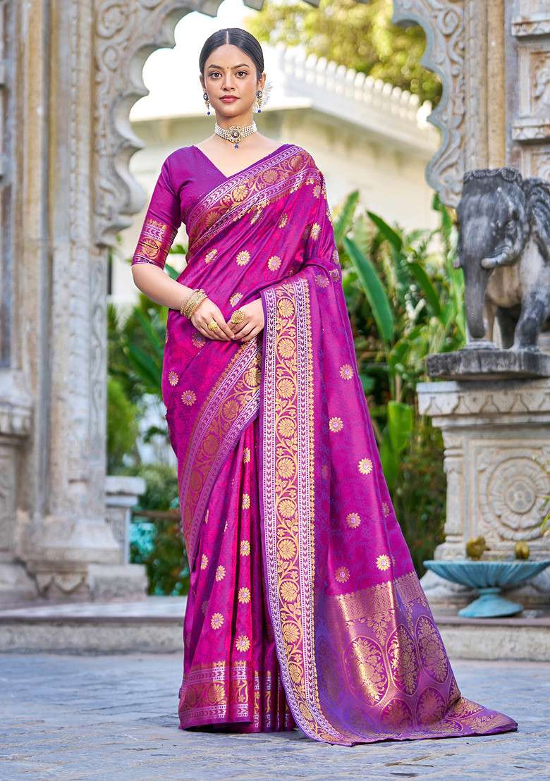 Purple Zari Woven Banarasi Silk Blend Saree Set for Diwali and Festive Wear - Indya