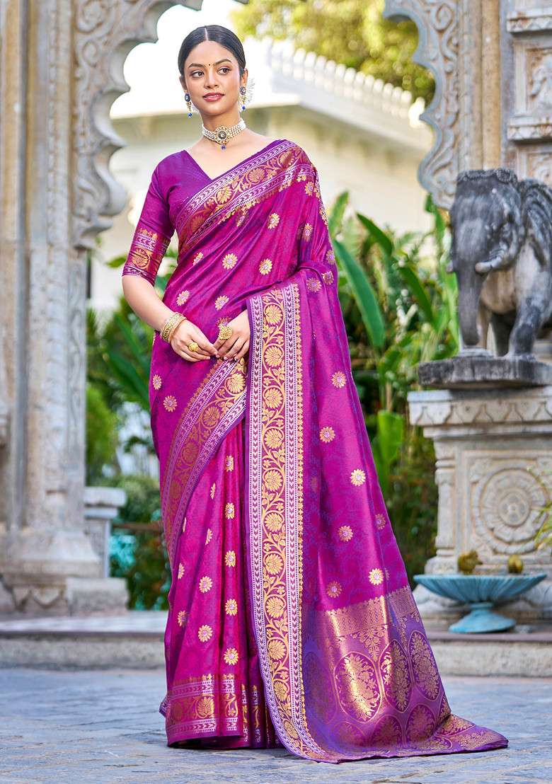 Purple Zari Woven Banarasi Silk Blend Saree Set for Diwali and Festive Wear - Indya