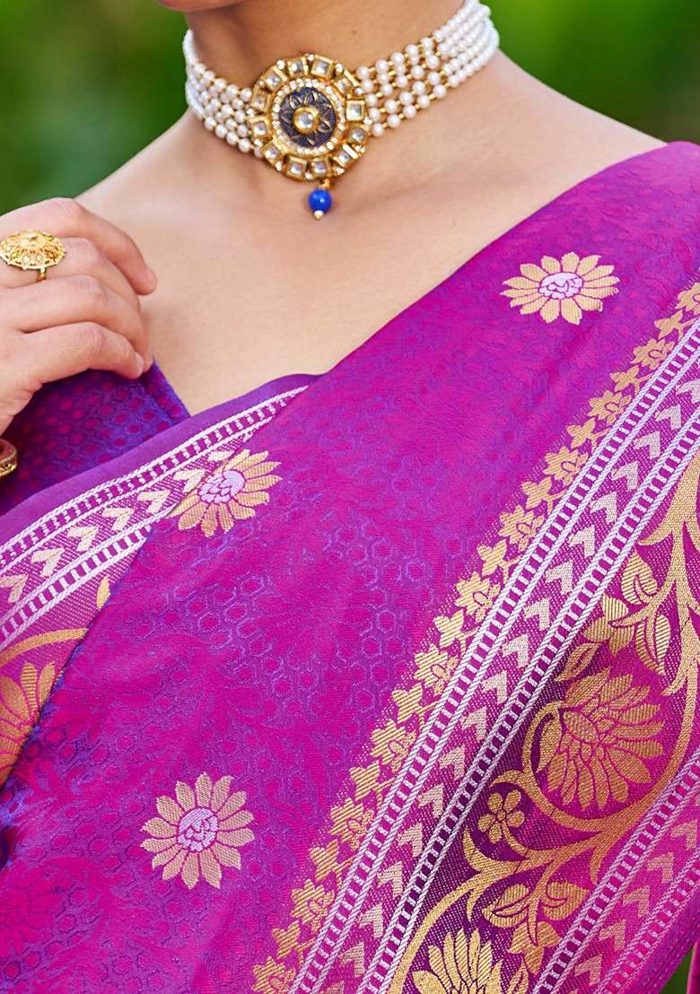 Purple Zari Woven Banarasi Silk Blend Saree Set for Diwali and Festive Wear - Indya