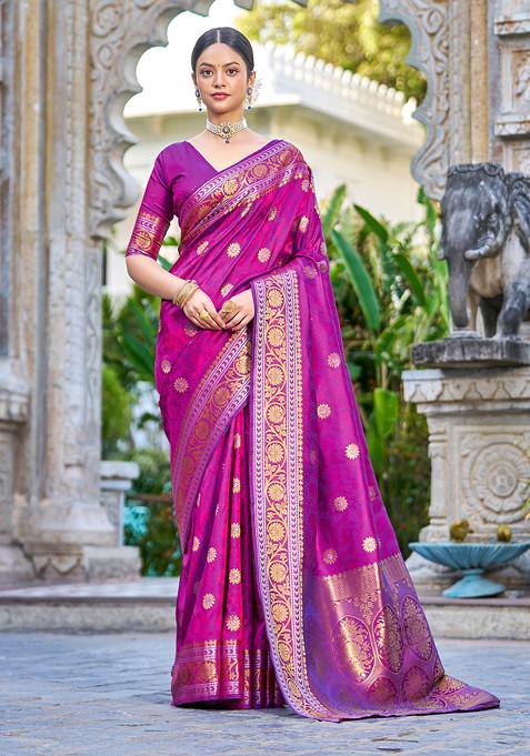 Purple Zari Woven Banarasi Silk Blend Saree Set