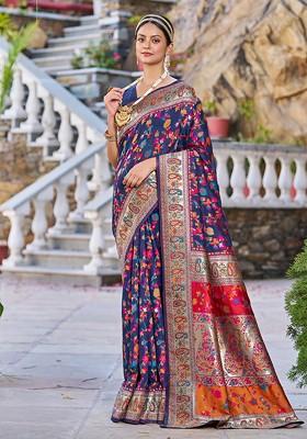 Blue Zari Woven Thread Work Banarasi Cotton Blend Saree Set