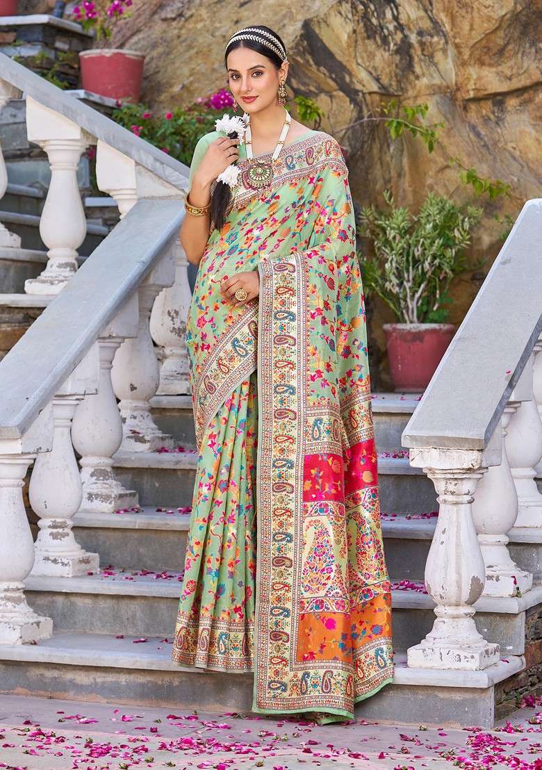 Green Zari Woven Banarasi Blend Cotton Saree Set with Thread Work for Diwali | Wedding & Festive Wear - Indya