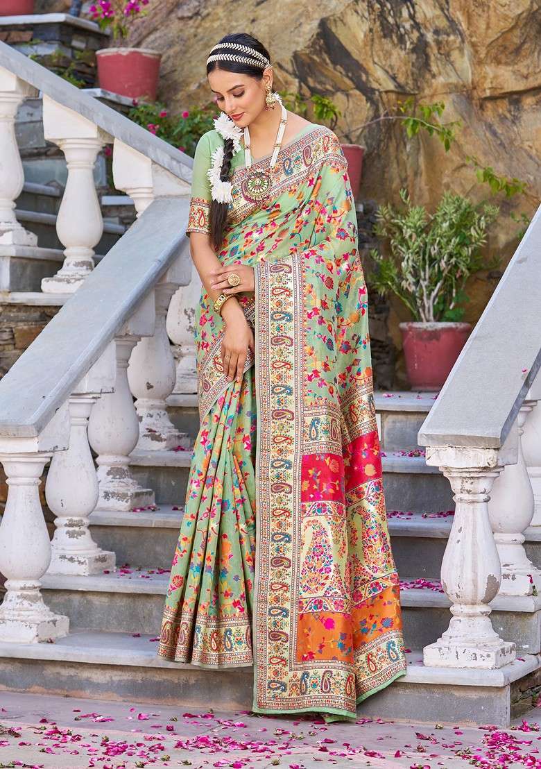 Green Zari Woven Banarasi Blend Cotton Saree Set with Thread Work for Diwali | Wedding & Festive Wear - Indya