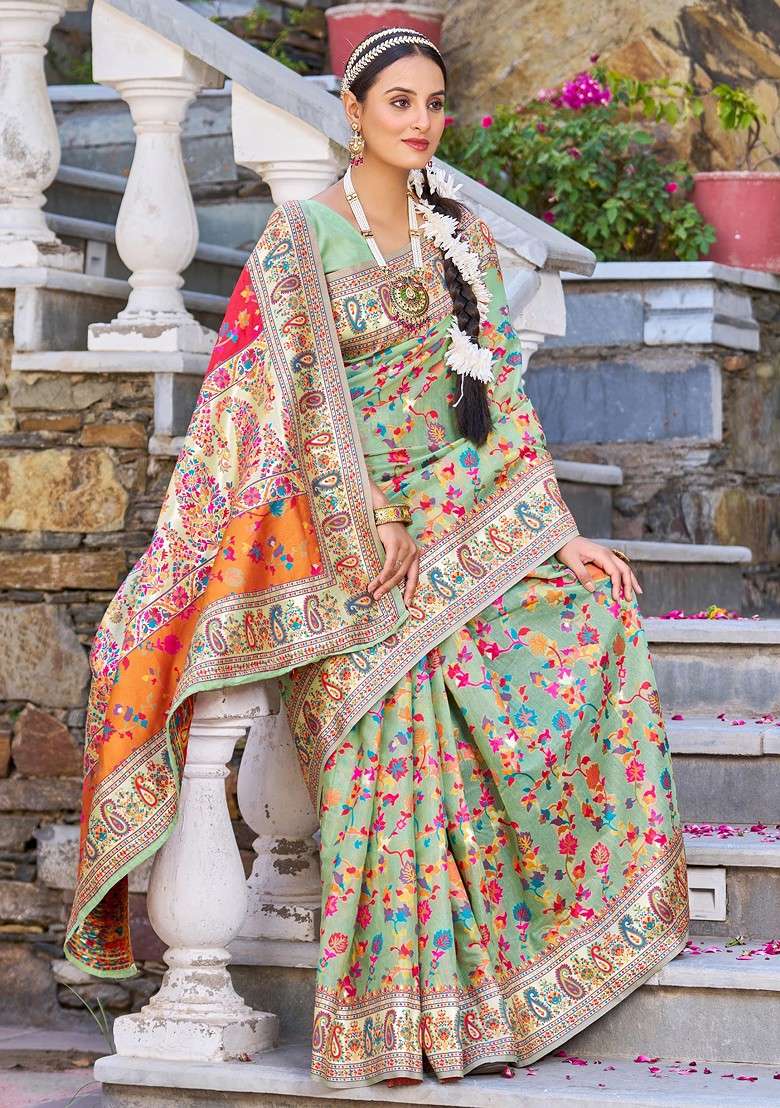 Green Zari Woven Banarasi Blend Cotton Saree Set with Thread Work for Diwali | Wedding & Festive Wear - Indya