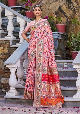 Pink Zari Woven Thread Work Banarasi Cotton Blend Saree Set