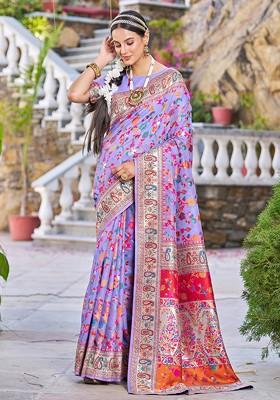 Purple Zari Woven Thread Work Banarasi Cotton Blend Saree Set